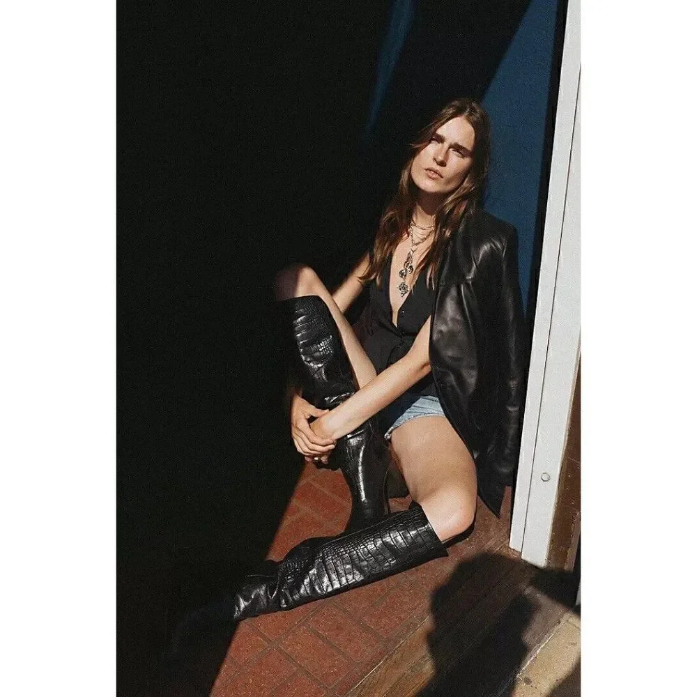 NEW FREE PEOPLE GRAYSON TALL BOOTS IN BLACK CROC LEATHER